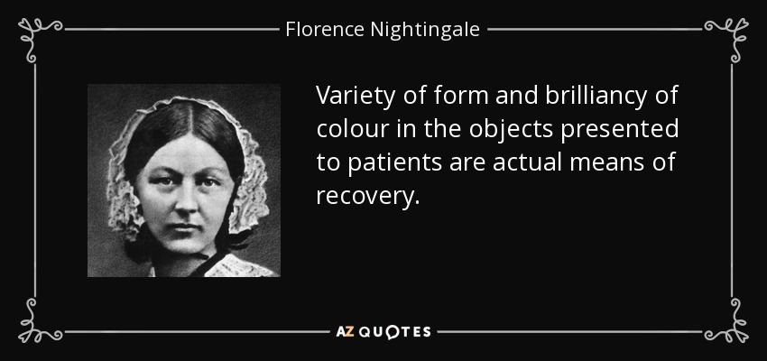 Variety of form and brilliancy of colour in the objects presented to patients are actual means of recovery. - Florence Nightingale