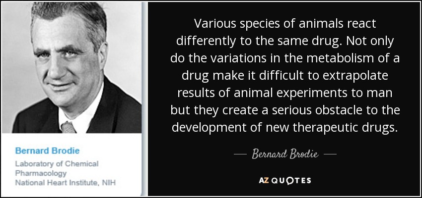 Various species of animals react differently to the same drug. Not only do the variations in the metabolism of a drug make it difficult to extrapolate results of animal experiments to man but they create a serious obstacle to the development of new therapeutic drugs. - Bernard Brodie
