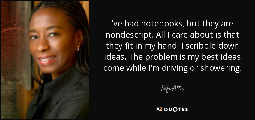 've had notebooks, but they are nondescript. All I care about is that they fit in my hand. I scribble down ideas. The problem is my best ideas come while I'm driving or showering. - Sefi Atta