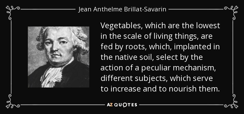 Vegetables, which are the lowest in the scale of living things, are fed by roots, which, implanted in the native soil, select by the action of a peculiar mechanism, different subjects, which serve to increase and to nourish them. - Jean Anthelme Brillat-Savarin