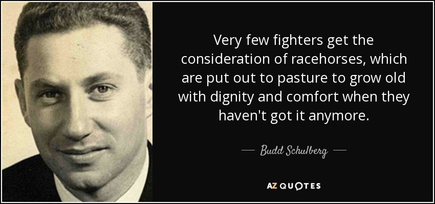 Very few fighters get the consideration of racehorses, which are put out to pasture to grow old with dignity and comfort when they haven't got it anymore. - Budd Schulberg
