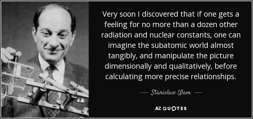 Very soon I discovered that if one gets a feeling for no more than a dozen other radiation and nuclear constants, one can imagine the subatomic world almost tangibly, and manipulate the picture dimensionally and qualitatively, before calculating more precise relationships. - Stanislaw Ulam