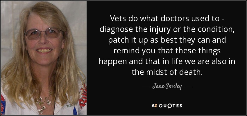 Vets do what doctors used to - diagnose the injury or the condition, patch it up as best they can and remind you that these things happen and that in life we are also in the midst of death. - Jane Smiley