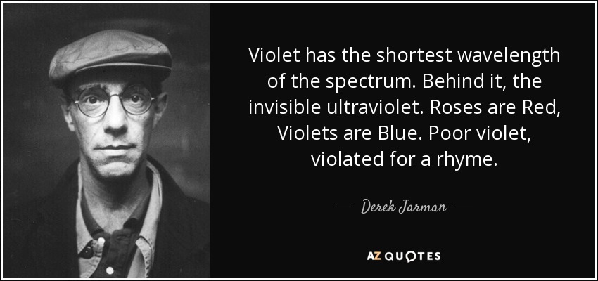 Violet has the shortest wavelength of the spectrum. Behind it, the invisible ultraviolet. Roses are Red, Violets are Blue. Poor violet, violated for a rhyme. - Derek Jarman