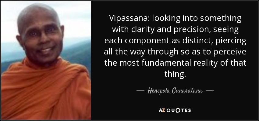 Vipassana: looking into something with clarity and precision, seeing each component as distinct, piercing all the way through so as to perceive the most fundamental reality of that thing. - Henepola Gunaratana