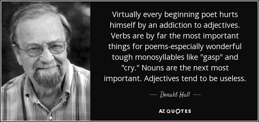 Virtually every beginning poet hurts himself by an addiction to adjectives. Verbs are by far the most important things for poems-especially wonderful tough monosyllables like 