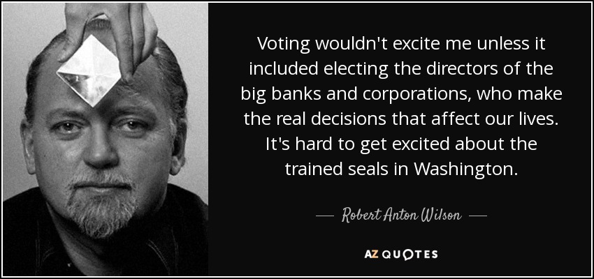 Voting wouldn't excite me unless it included electing the directors of the big banks and corporations, who make the real decisions that affect our lives. It's hard to get excited about the trained seals in Washington. - Robert Anton Wilson