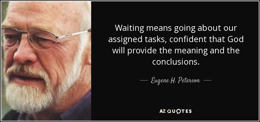 Waiting means going about our assigned tasks, confident that God will provide the meaning and the conclusions. - Eugene H. Peterson