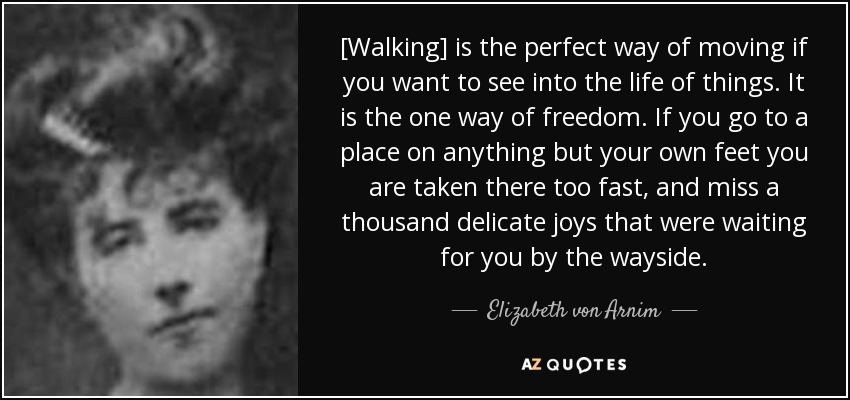 [Walking] is the perfect way of moving if you want to see into the life of things. It is the one way of freedom. If you go to a place on anything but your own feet you are taken there too fast, and miss a thousand delicate joys that were waiting for you by the wayside. - Elizabeth von Arnim