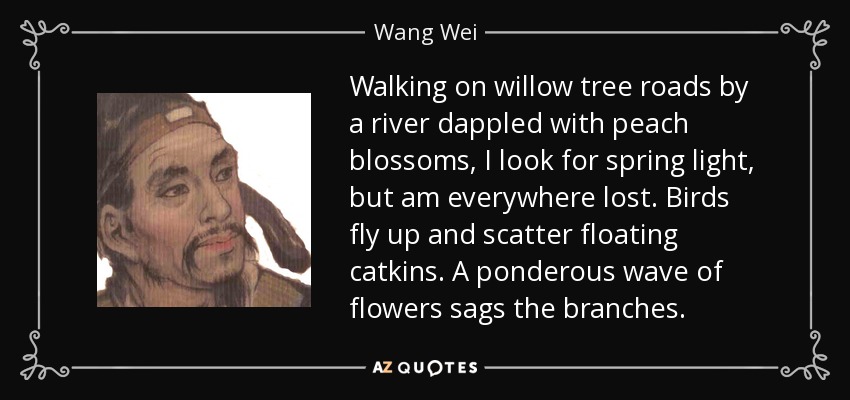 Walking on willow tree roads by a river dappled with peach blossoms, I look for spring light, but am everywhere lost. Birds fly up and scatter floating catkins. A ponderous wave of flowers sags the branches. - Wang Wei