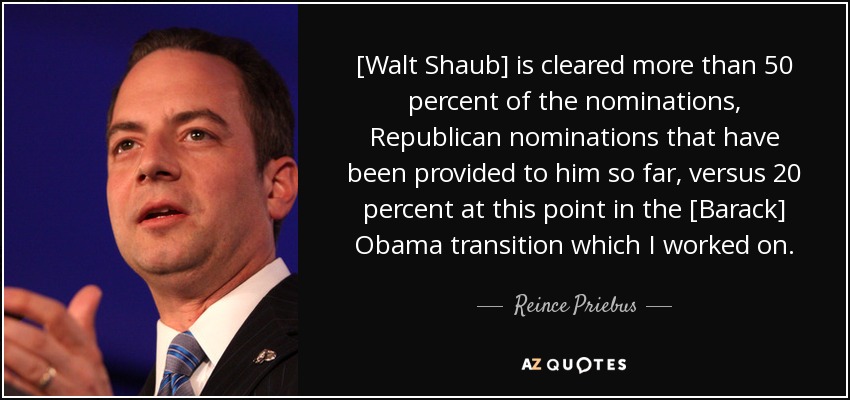[Walt Shaub] is cleared more than 50 percent of the nominations, Republican nominations that have been provided to him so far, versus 20 percent at this point in the [Barack] Obama transition which I worked on. - Reince Priebus