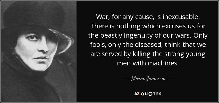 War, for any cause, is inexcusable. There is nothing which excuses us for the beastly ingenuity of our wars. Only fools, only the diseased, think that we are served by killing the strong young men with machines. - Storm Jameson