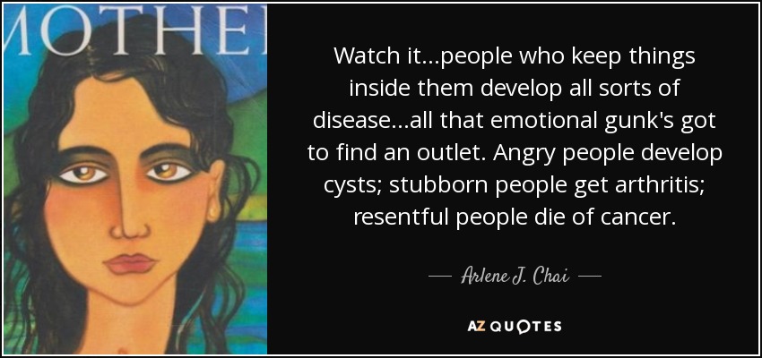 Watch it...people who keep things inside them develop all sorts of disease...all that emotional gunk's got to find an outlet. Angry people develop cysts; stubborn people get arthritis; resentful people die of cancer. - Arlene J. Chai