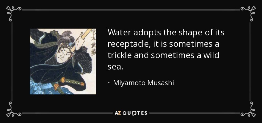 Water adopts the shape of its receptacle, it is sometimes a trickle and sometimes a wild sea. - Miyamoto Musashi