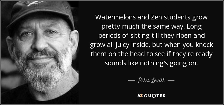 Watermelons and Zen students grow pretty much the same way. Long periods of sitting till they ripen and grow all juicy inside, but when you knock them on the head to see if they're ready sounds like nothing's going on. - Peter Levitt