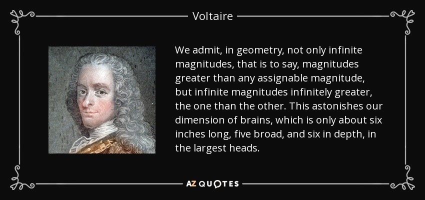 We admit, in geometry, not only infinite magnitudes, that is to say, magnitudes greater than any assignable magnitude, but infinite magnitudes infinitely greater, the one than the other. This astonishes our dimension of brains, which is only about six inches long, five broad, and six in depth, in the largest heads. - Voltaire