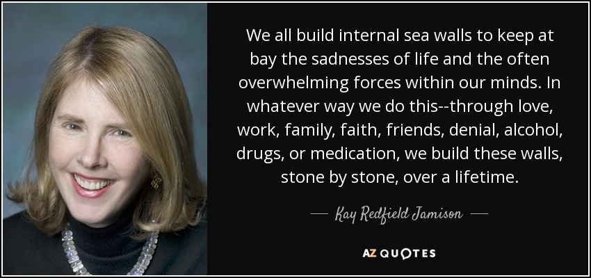 We all build internal sea walls to keep at bay the sadnesses of life and the often overwhelming forces within our minds. In whatever way we do this--through love, work, family, faith, friends, denial, alcohol, drugs, or medication, we build these walls, stone by stone, over a lifetime. - Kay Redfield Jamison