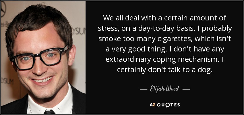 We all deal with a certain amount of stress, on a day-to-day basis. I probably smoke too many cigarettes, which isn't a very good thing. I don't have any extraordinary coping mechanism. I certainly don't talk to a dog. - Elijah Wood