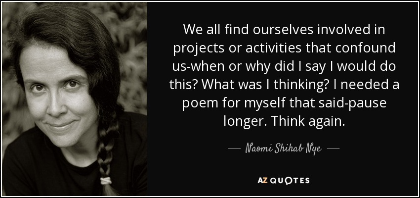 We all find ourselves involved in projects or activities that confound us-when or why did I say I would do this? What was I thinking? I needed a poem for myself that said-pause longer. Think again. - Naomi Shihab Nye