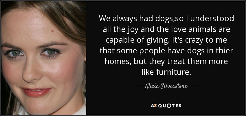 We always had dogs,so I understood all the joy and the love animals are capable of giving. It's crazy to me that some people have dogs in thier homes, but they treat them more like furniture. - Alicia Silverstone