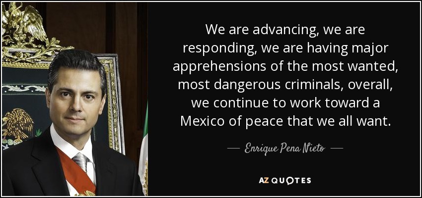 We are advancing, we are responding, we are having major apprehensions of the most wanted, most dangerous criminals, overall, we continue to work toward a Mexico of peace that we all want. - Enrique Pena Nieto