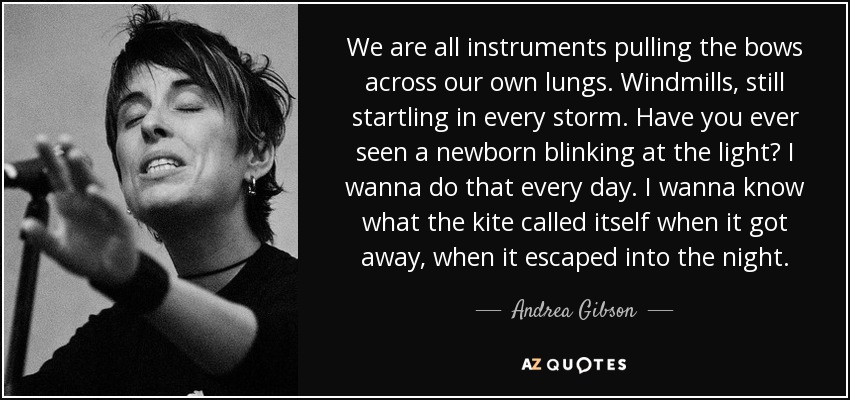 We are all instruments pulling the bows across our own lungs. Windmills, still startling in every storm. Have you ever seen a newborn blinking at the light? I wanna do that every day. I wanna know what the kite called itself when it got away, when it escaped into the night. - Andrea Gibson