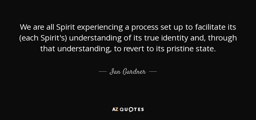 We are all Spirit experiencing a process set up to facilitate its (each Spirit's) understanding of its true identity and, through that understanding, to revert to its pristine state. - Ian Gardner
