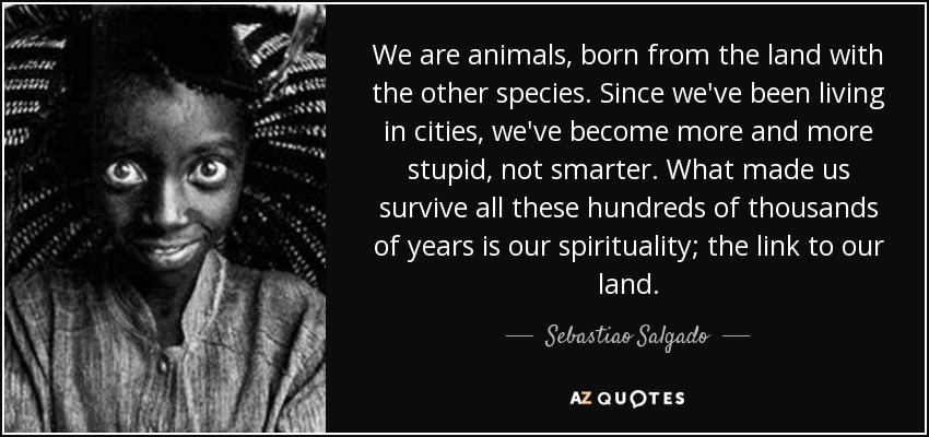 We are animals, born from the land with the other species. Since we've been living in cities, we've become more and more stupid, not smarter. What made us survive all these hundreds of thousands of years is our spirituality; the link to our land. - Sebastiao Salgado