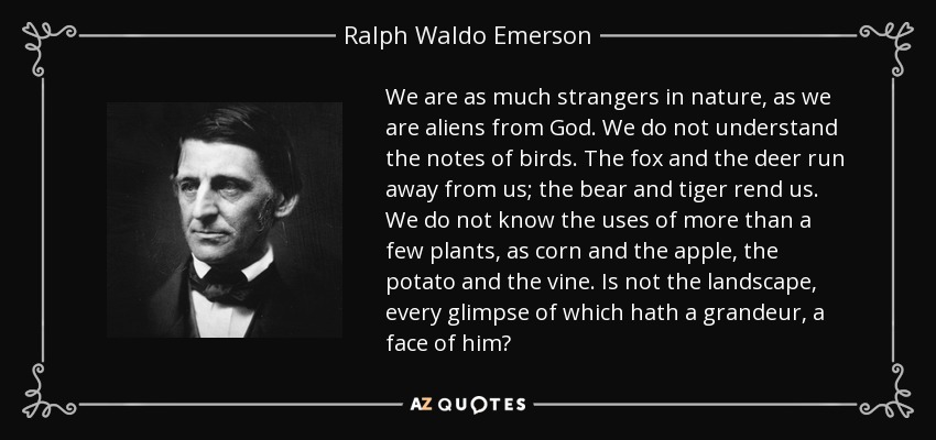 We are as much strangers in nature, as we are aliens from God. We do not understand the notes of birds. The fox and the deer run away from us; the bear and tiger rend us. We do not know the uses of more than a few plants, as corn and the apple, the potato and the vine. Is not the landscape, every glimpse of which hath a grandeur, a face of him? - Ralph Waldo Emerson