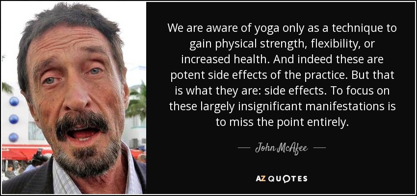 We are aware of yoga only as a technique to gain physical strength, flexibility, or increased health. And indeed these are potent side effects of the practice. But that is what they are: side effects. To focus on these largely insignificant manifestations is to miss the point entirely. - John McAfee