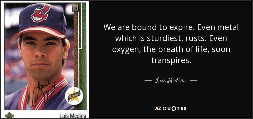 We are bound to expire. Even metal which is sturdiest, rusts. Even oxygen, the breath of life, soon transpires. - Luis Medina