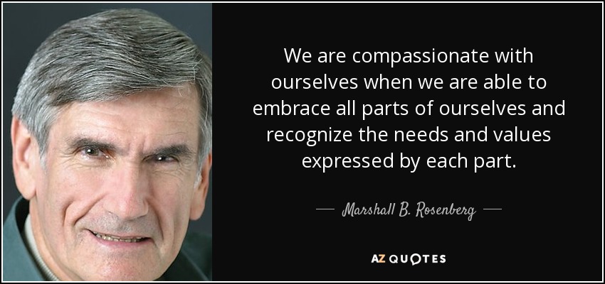 We are compassionate with ourselves when we are able to embrace all parts of ourselves and recognize the needs and values expressed by each part. - Marshall B. Rosenberg