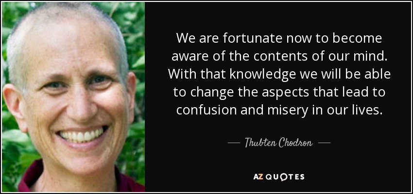 We are fortunate now to become aware of the contents of our mind. With that knowledge we will be able to change the aspects that lead to confusion and misery in our lives. - Thubten Chodron