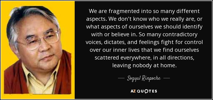 We are fragmented into so many different aspects. We don't know who we really are, or what aspects of ourselves we should identify with or believe in. So many contradictory voices, dictates, and feelings fight for control over our inner lives that we find ourselves scattered everywhere, in all directions, leaving nobody at home. - Sogyal Rinpoche