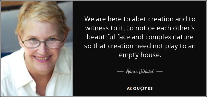 We are here to abet creation and to witness to it, to notice each other's beautiful face and complex nature so that creation need not play to an empty house. - Annie Dillard