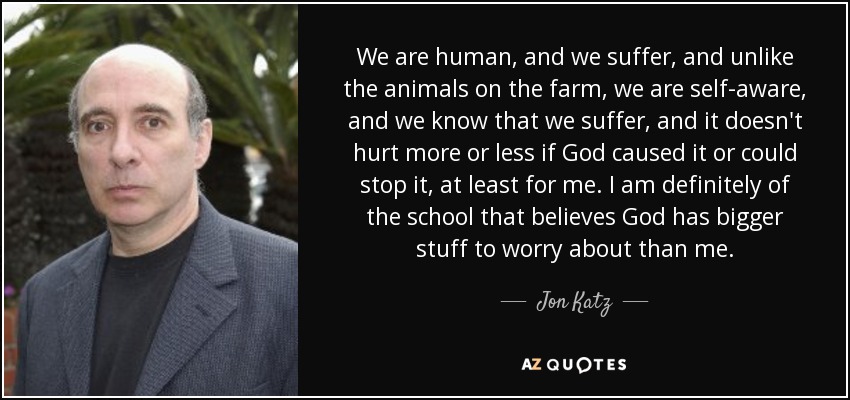 We are human, and we suffer, and unlike the animals on the farm, we are self-aware, and we know that we suffer, and it doesn't hurt more or less if God caused it or could stop it, at least for me. I am definitely of the school that believes God has bigger stuff to worry about than me. - Jon Katz