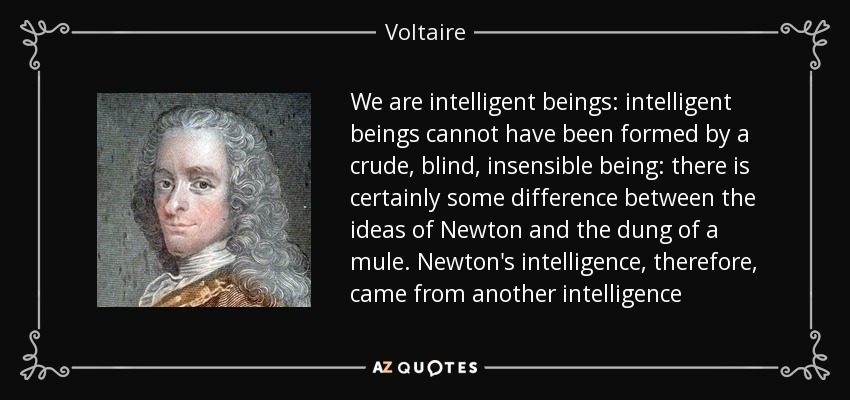 We are intelligent beings: intelligent beings cannot have been formed by a crude, blind, insensible being: there is certainly some difference between the ideas of Newton and the dung of a mule. Newton's intelligence, therefore, came from another intelligence - Voltaire