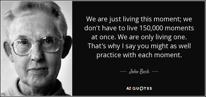 We are just living this moment; we don't have to live 150,000 moments at once. We are only living one. That's why I say you might as well practice with each moment. - Joko Beck