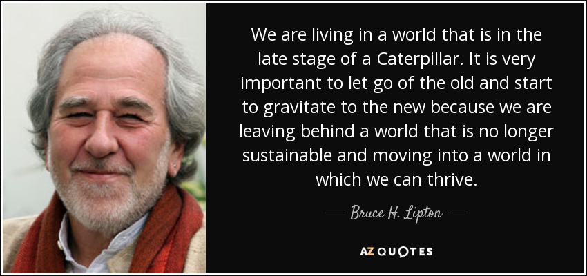 We are living in a world that is in the late stage of a Caterpillar. It is very important to let go of the old and start to gravitate to the new because we are leaving behind a world that is no longer sustainable and moving into a world in which we can thrive. - Bruce H. Lipton