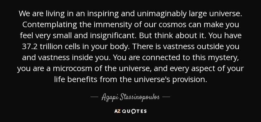 We are living in an inspiring and unimaginably large universe. Contemplating the immensity of our cosmos can make you feel very small and insignificant. But think about it. You have 37.2 trillion cells in your body. There is vastness outside you and vastness inside you. You are connected to this mystery, you are a microcosm of the universe, and every aspect of your life benefits from the universe's provision. - Agapi Stassinopoulos