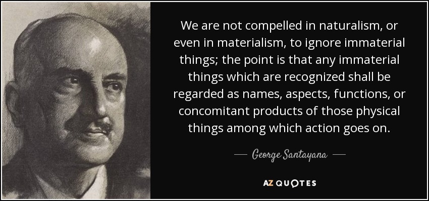 We are not compelled in naturalism, or even in materialism, to ignore immaterial things; the point is that any immaterial things which are recognized shall be regarded as names, aspects, functions, or concomitant products of those physical things among which action goes on. - George Santayana
