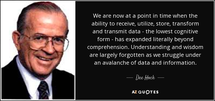 We are now at a point in time when the ability to receive, utilize, store, transform and transmit data - the lowest cognitive form - has expanded literally beyond comprehension. Understanding and wisdom are largely forgotten as we struggle under an avalanche of data and information. - Dee Hock