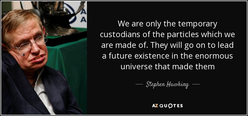 We are only the temporary custodians of the particles which we are made of. They will go on to lead a future existence in the enormous universe that made them - Stephen Hawking