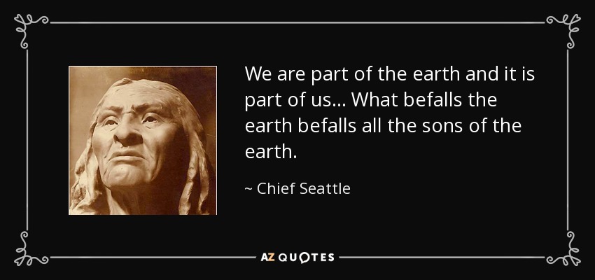 We are part of the earth and it is part of us ... What befalls the earth befalls all the sons of the earth. - Chief Seattle