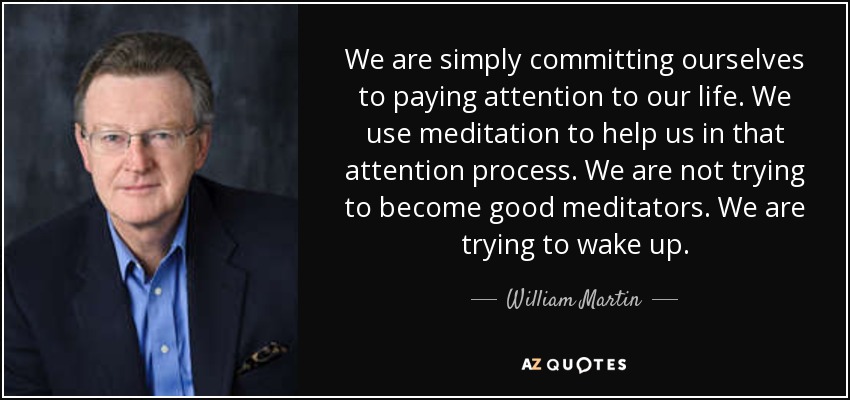 We are simply committing ourselves to paying attention to our life. We use meditation to help us in that attention process. We are not trying to become good meditators. We are trying to wake up. - William Martin