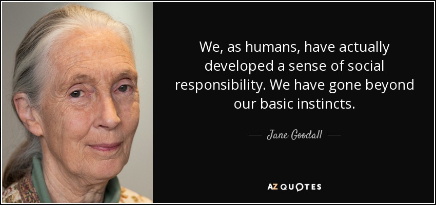 We, as humans, have actually developed a sense of social responsibility. We have gone beyond our basic instincts. - Jane Goodall