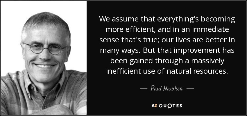 We assume that everything's becoming more efficient, and in an immediate sense that's true; our lives are better in many ways. But that improvement has been gained through a massively inefficient use of natural resources. - Paul Hawken