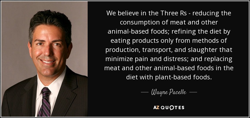 We believe in the Three Rs - reducing the consumption of meat and other animal-based foods; refining the diet by eating products only from methods of production, transport, and slaughter that minimize pain and distress; and replacing meat and other animal-based foods in the diet with plant-based foods. - Wayne Pacelle