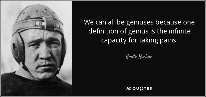 We can all be geniuses because one definition of genius is the infinite capacity for taking pains. - Knute Rockne