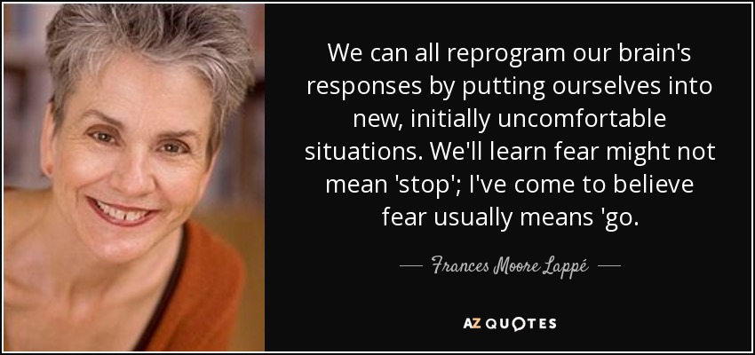 We can all reprogram our brain's responses by putting ourselves into new, initially uncomfortable situations. We'll learn fear might not mean 'stop'; I've come to believe fear usually means 'go. - Frances Moore Lappé